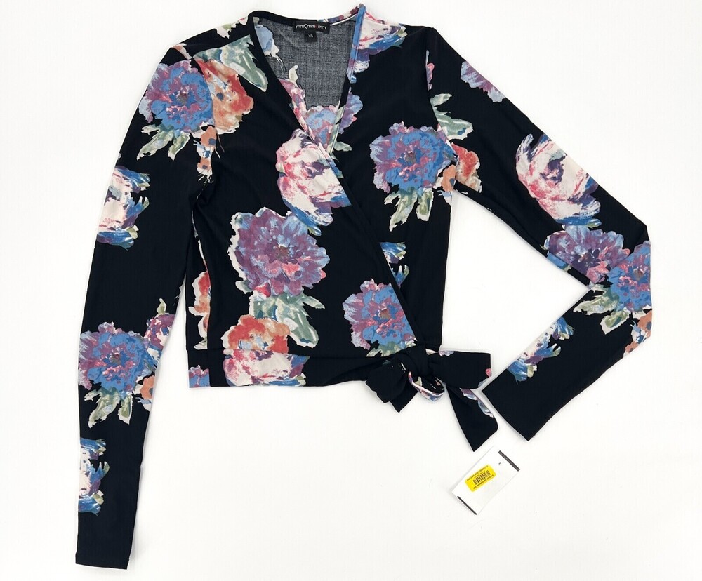 New MM MM MM Shirt Womens Extra Small Blouse V-Neck Wrap Tie Waist Long Sleeve